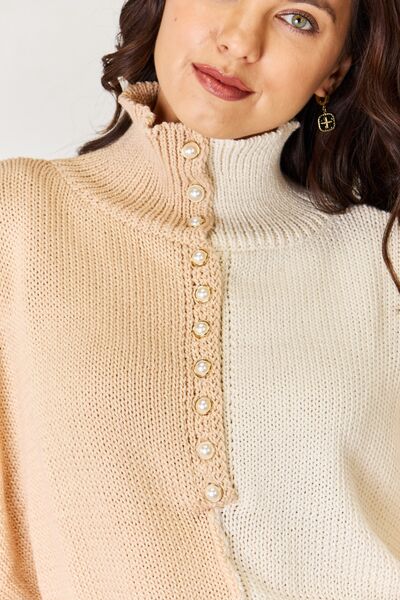 POL Pearl Detail Contrast Turtleneck Sweater - Gold Clover Boutique