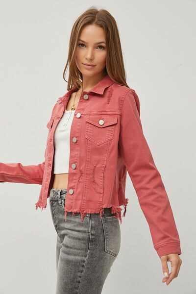 RISEN Raw Hem Button Up Cropped Denim Jacket - Gold Clover Boutique