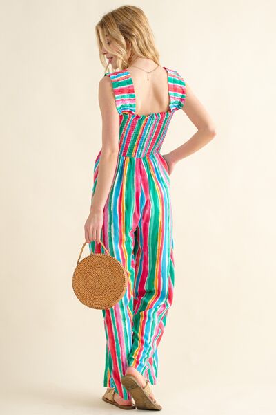 And The Why Full Size Striped Smocked Sleeveless Jumpsuit - Gold Clover Boutique