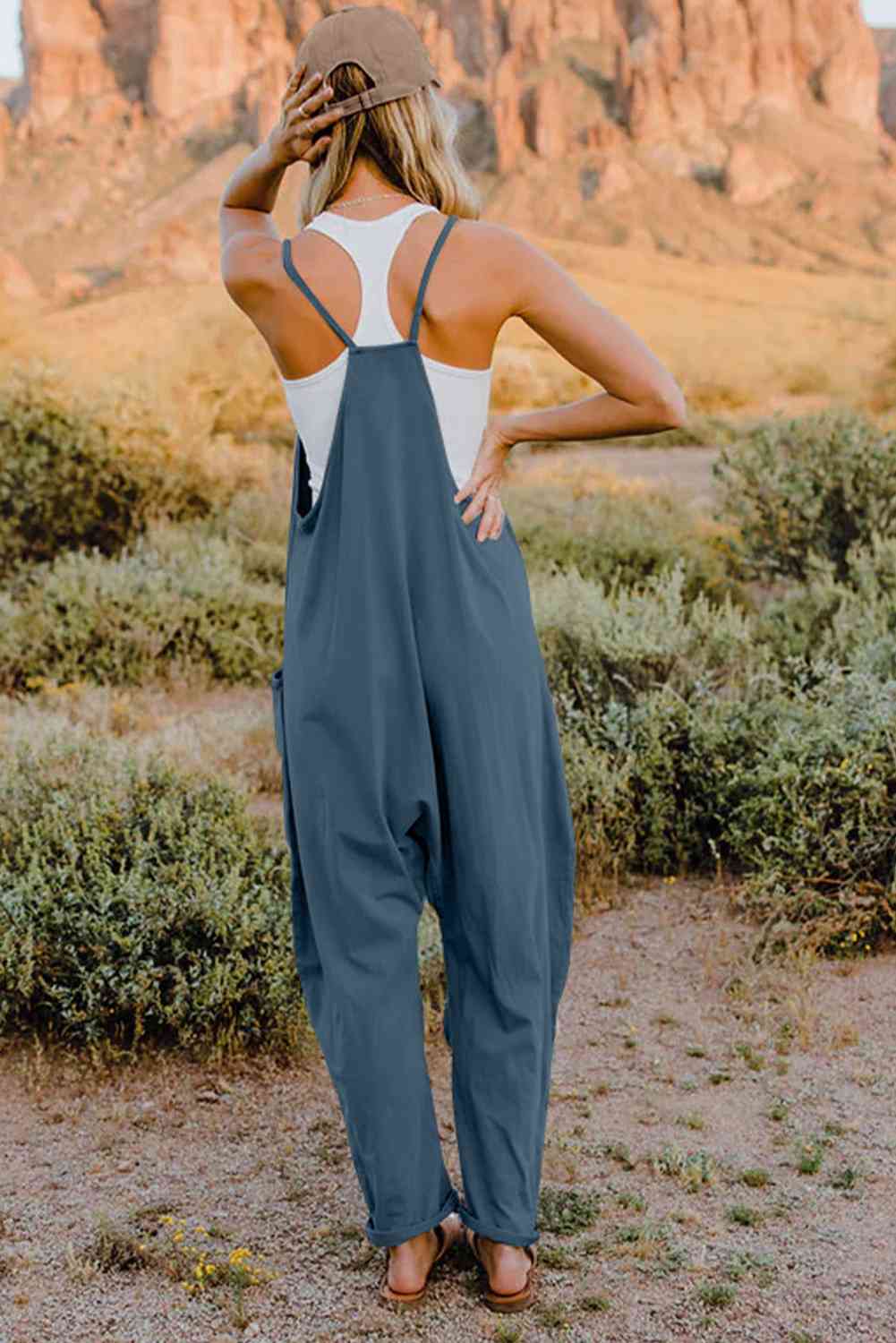 Double Take Full Size V-Neck Sleeveless Jumpsuit with Pockets - Gold Clover Boutique