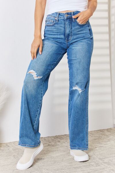 Judy Blue Full Size High Waist Distressed Straight-Leg Jeans - Gold Clover Boutique