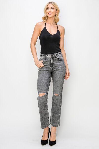 RISEN High Waist Distressed Straight Jeans - Gold Clover Boutique