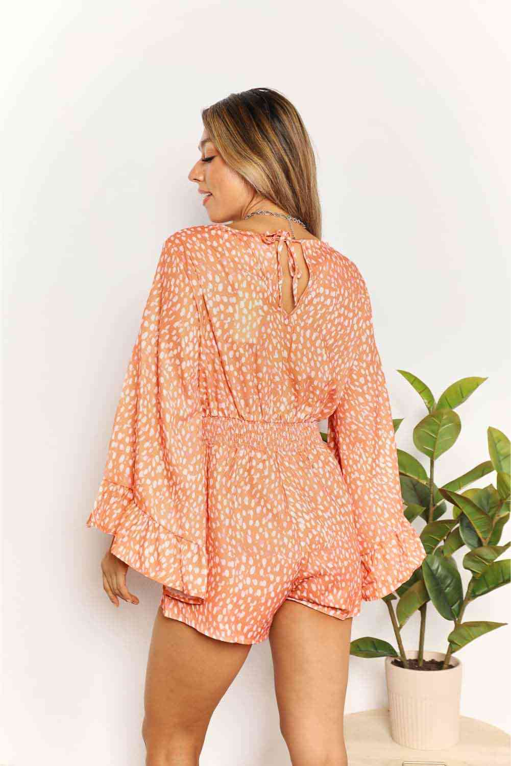 Double Take Printed Flare Sleeve Surplice Romper - Gold Clover Boutique