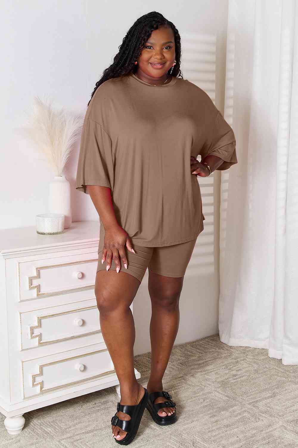 Basic Bae Full Size Soft Rayon Three-Quarter Sleeve Top and Shorts Set - Gold Clover Boutique