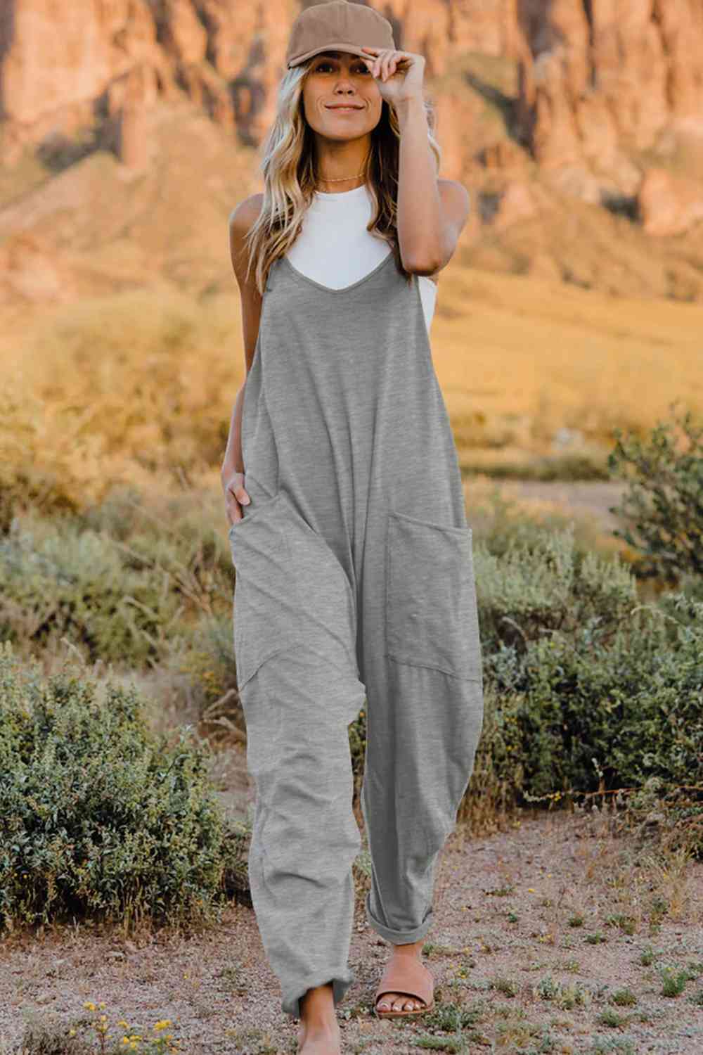 Double Take Full Size V-Neck Sleeveless Jumpsuit with Pockets - Gold Clover Boutique