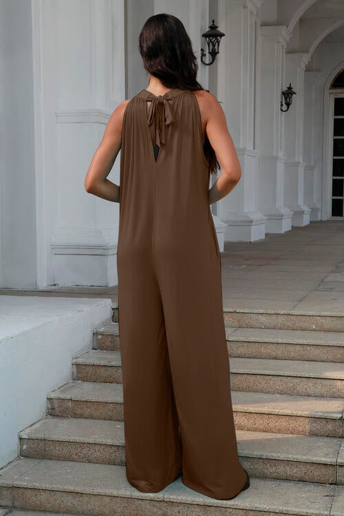 Double Take Full Size Tie Back Cutout Sleeveless Jumpsuit - Gold Clover Boutique