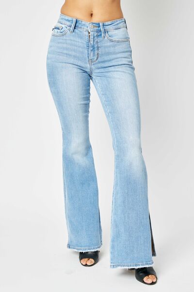 Judy Blue Full Size Mid Rise Raw Hem Slit Flare Jeans - Gold Clover Boutique