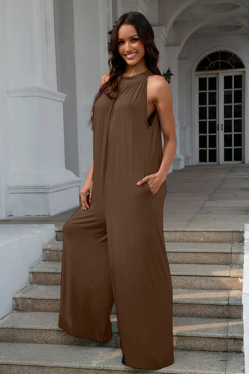 Double Take Full Size Tie Back Cutout Sleeveless Jumpsuit - Gold Clover Boutique