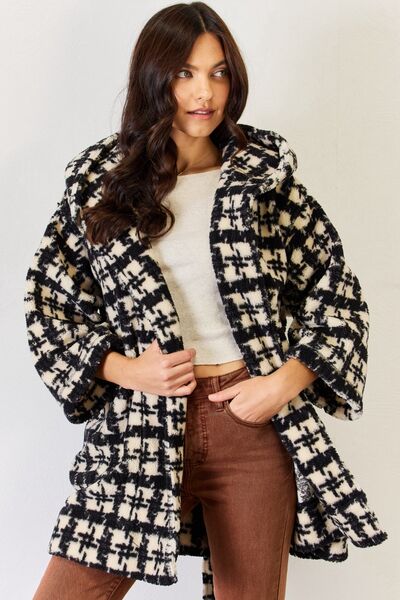 J.NNA Fuzzy Plaid Waist Tie Hooded Robe Cardigan - Gold Clover Boutique