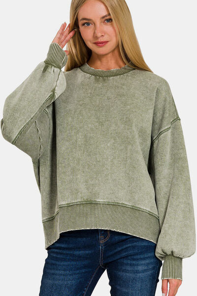 Zenana Round Neck Dropped Shoulder Lantern Sleeve Sweatshirt - Gold Clover Boutique