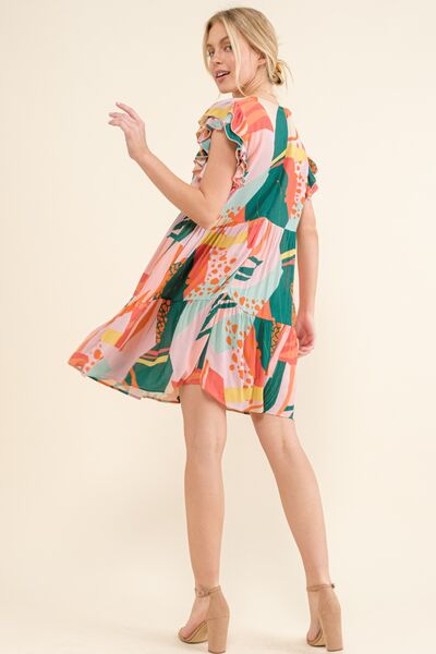 And The Why Printed Double Ruffle Sleeve Dress - Gold Clover Boutique