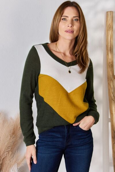 Hailey & Co Full Size Colorblock V-Neck Blouse - Gold Clover Boutique