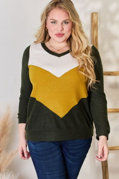 Hailey & Co Full Size Colorblock V-Neck Blouse - Gold Clover Boutique