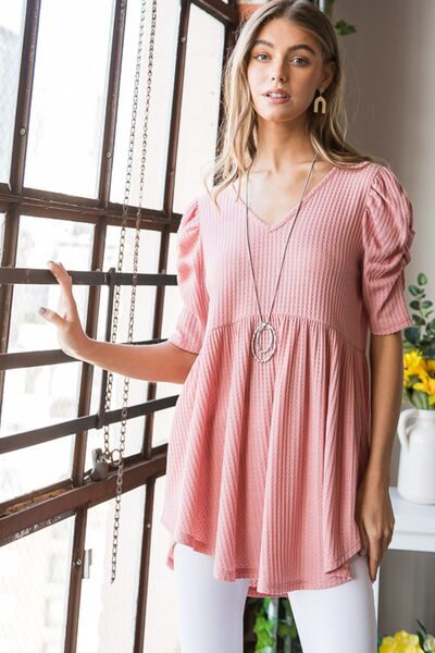 Heimish Full Size Waffle Knit V-Neck Babydoll Top - Gold Clover Boutique