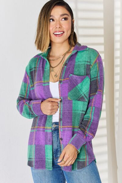 Zenana Plaid Button Up Long Sleeve Shacket - Gold Clover Boutique