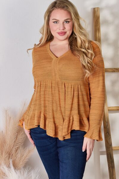 Hailey & Co Full Size V-Neck Flounce Sleeve Blouse - Gold Clover Boutique