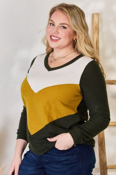 Hailey & Co Full Size Colorblock V-Neck Blouse - Gold Clover Boutique