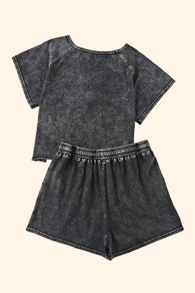 Heathered Round Neck Top and Shorts Lounge Set - Gold Clover Boutique