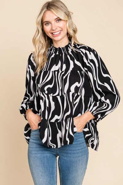 Culture Code Printed Smock Neck Tiered Blouse - Gold Clover Boutique