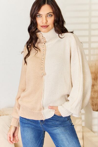 POL Pearl Detail Contrast Turtleneck Sweater - Gold Clover Boutique