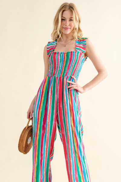 And The Why Full Size Striped Smocked Sleeveless Jumpsuit - Gold Clover Boutique