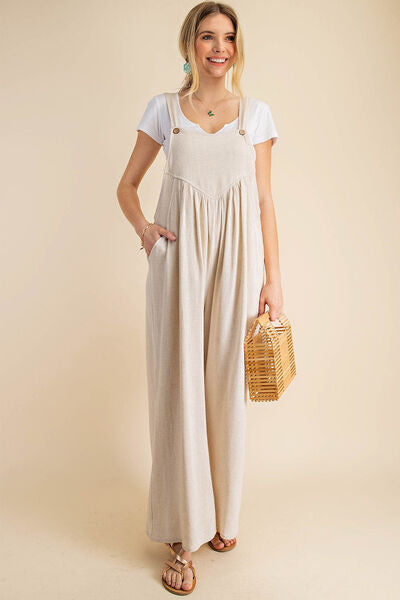 Kori America Sleeveless Ruched Wide Leg Overalls - Gold Clover Boutique