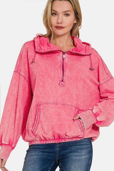 Zenana Drawstring Half Zip Dropped Shoulder Hoodie - Gold Clover Boutique