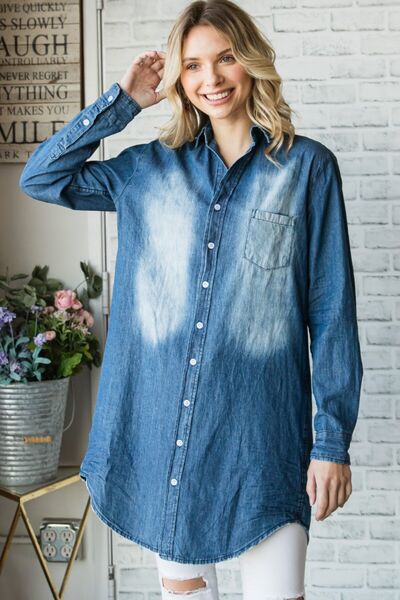 Veveret Pocketed Button Up Washed Denim Shirt - Gold Clover Boutique