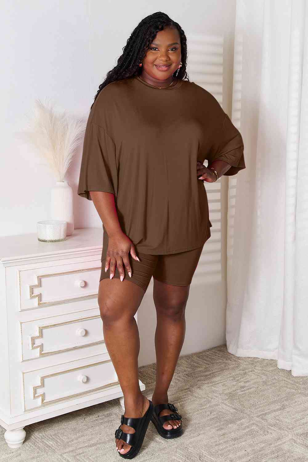 Basic Bae Full Size Soft Rayon Three-Quarter Sleeve Top and Shorts Set - Gold Clover Boutique