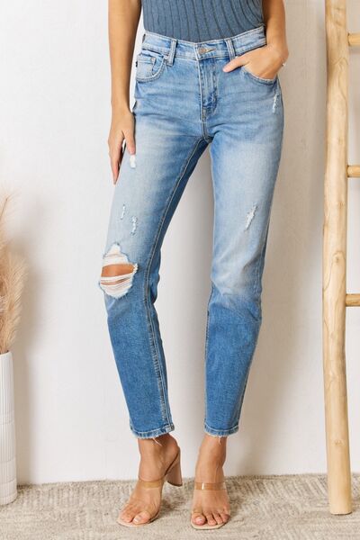 Kancan High Rise Distressed Slim Straight Jeans - Gold Clover Boutique