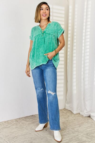 Zenana Washed Raw Hem Short Sleeve Blouse with Pockets - Gold Clover Boutique