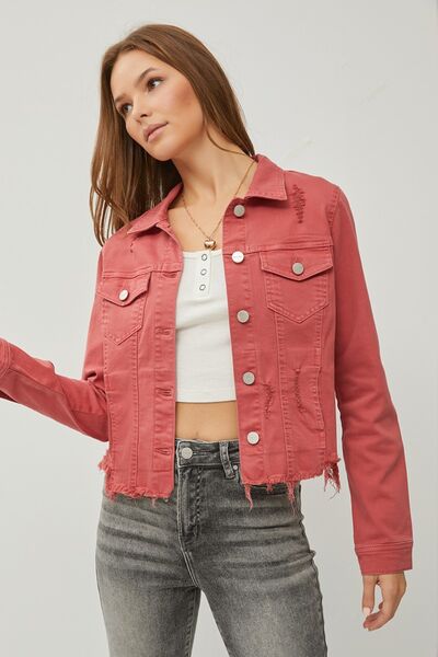 RISEN Raw Hem Button Up Cropped Denim Jacket - Gold Clover Boutique