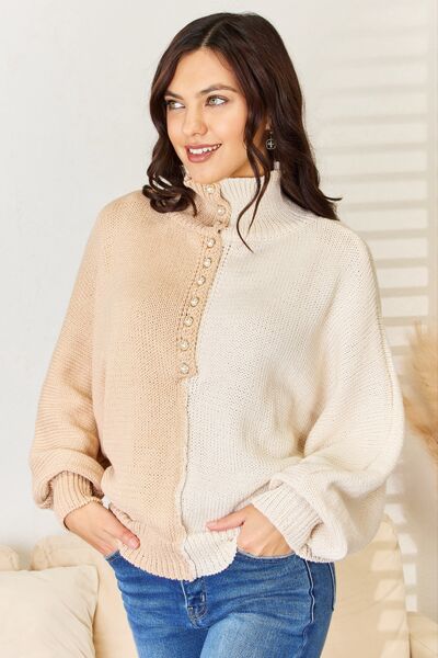 POL Pearl Detail Contrast Turtleneck Sweater - Gold Clover Boutique