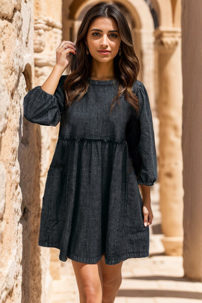 Round Neck Balloon Sleeve Mini Denim Dress - Gold Clover Boutique