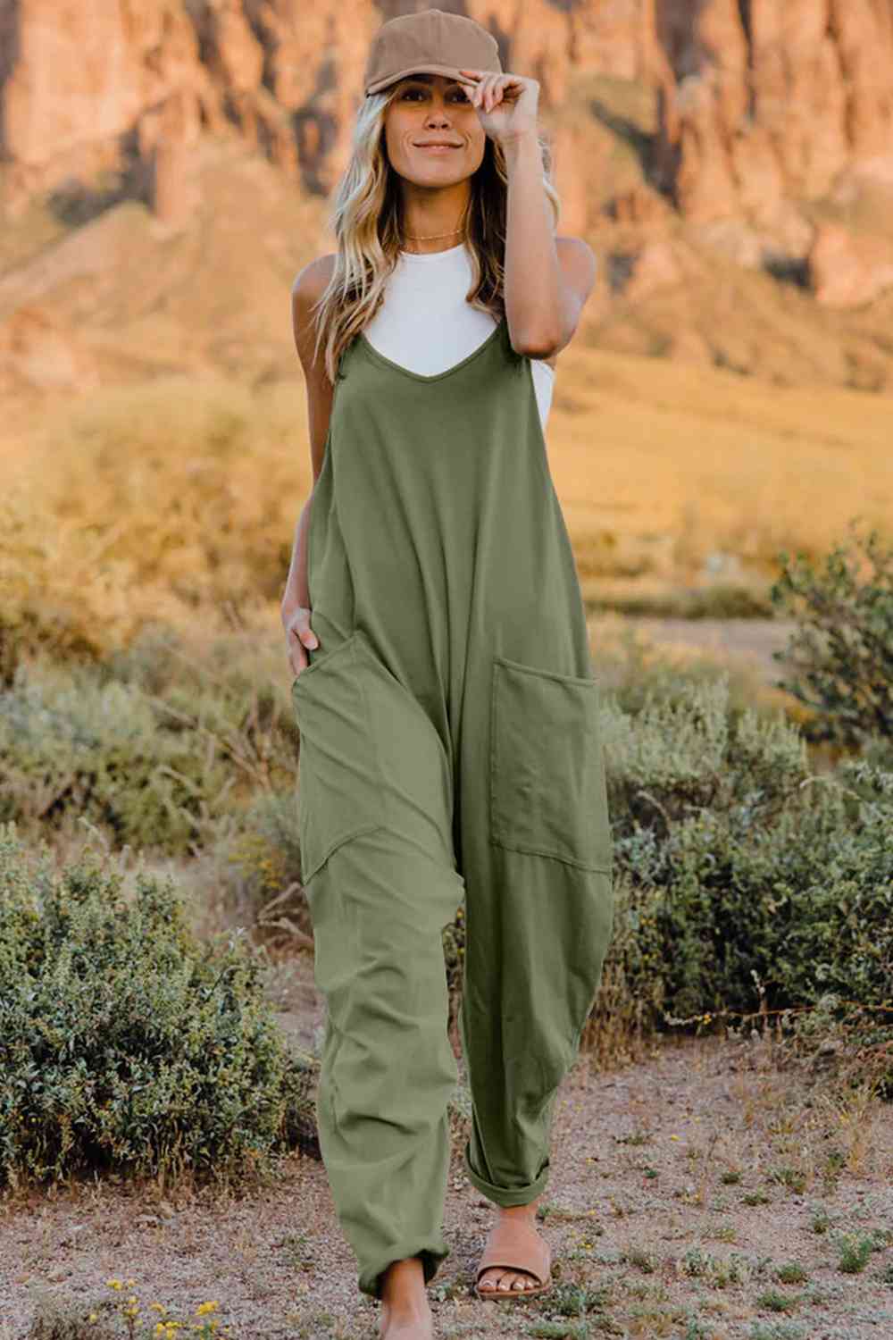 Double Take Full Size V-Neck Sleeveless Jumpsuit with Pockets - Gold Clover Boutique