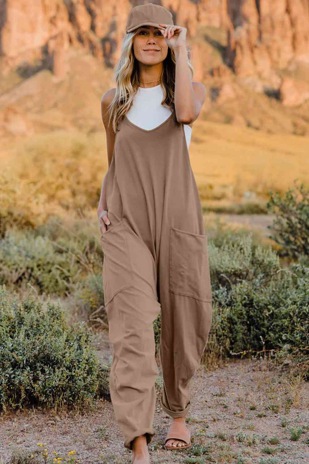 Double Take Full Size V-Neck Sleeveless Jumpsuit with Pockets - Gold Clover Boutique