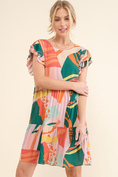 And The Why Printed Double Ruffle Sleeve Dress - Gold Clover Boutique