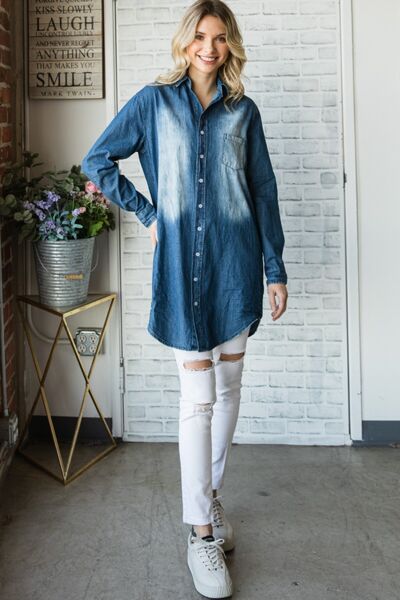 Veveret Pocketed Button Up Washed Denim Shirt - Gold Clover Boutique