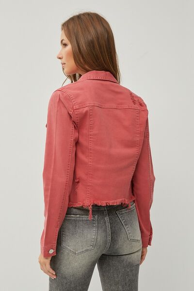 RISEN Raw Hem Button Up Cropped Denim Jacket - Gold Clover Boutique