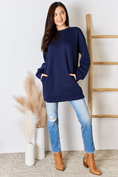 Zenana Oversized Round Neck Long Sleeve Sweatshirt - Gold Clover Boutique