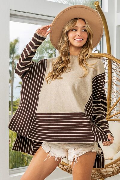 BiBi Striped Contrast Long Sleeve Slit Top - Gold Clover Boutique