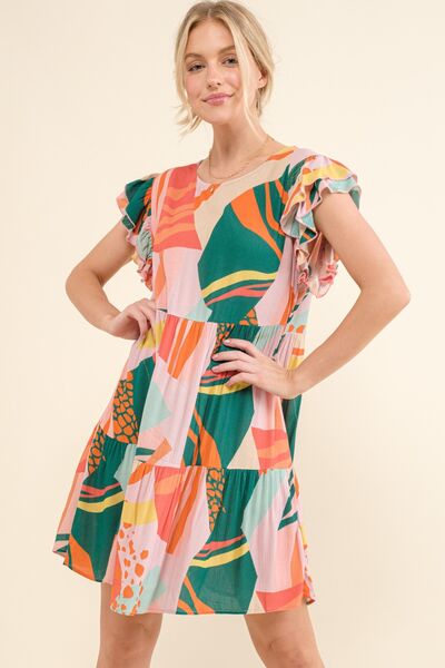 And The Why Printed Double Ruffle Sleeve Dress - Gold Clover Boutique