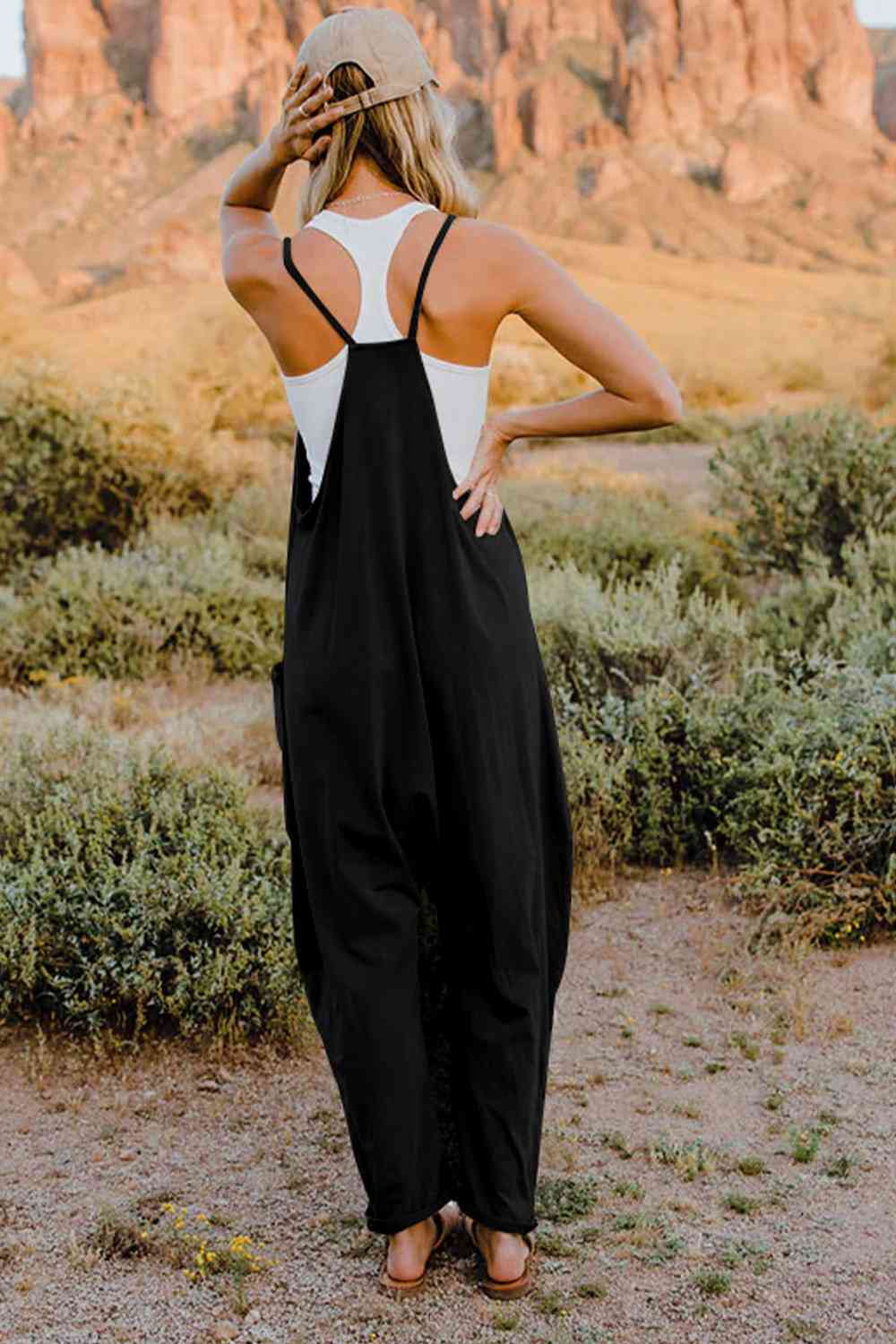 Double Take Full Size V-Neck Sleeveless Jumpsuit with Pockets - Gold Clover Boutique