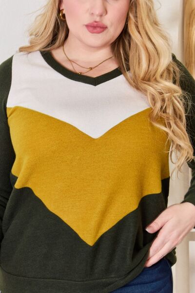 Hailey & Co Full Size Colorblock V-Neck Blouse - Gold Clover Boutique