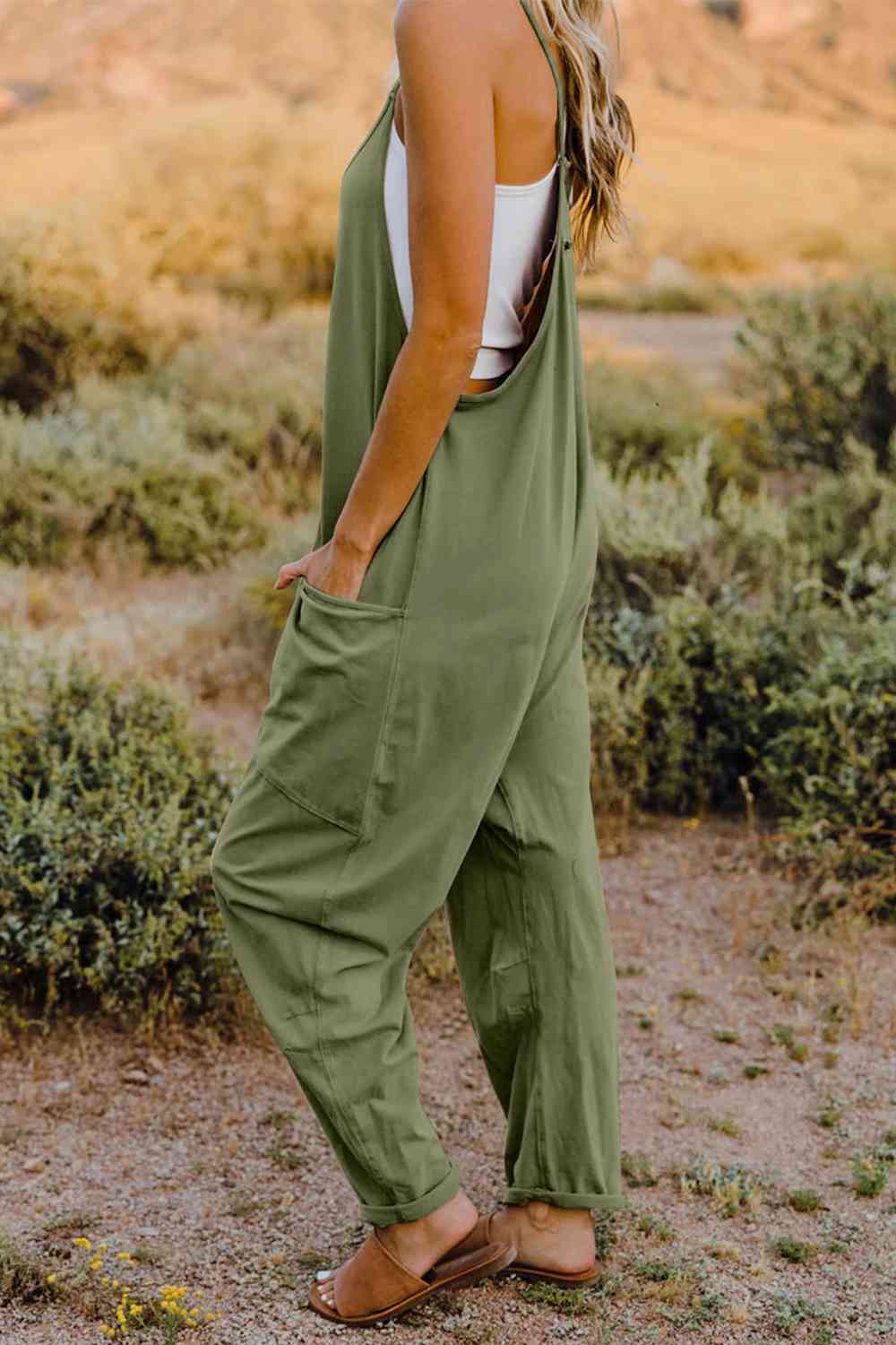 Double Take Full Size V-Neck Sleeveless Jumpsuit with Pockets - Gold Clover Boutique