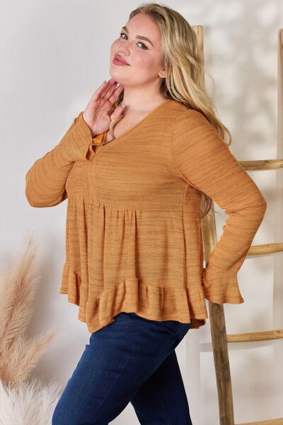 Hailey & Co Full Size V-Neck Flounce Sleeve Blouse - Gold Clover Boutique