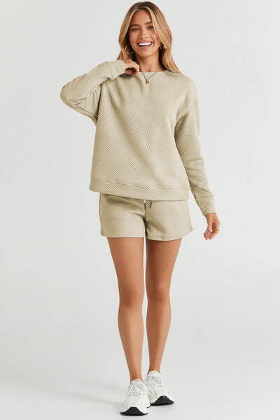 Double Take Full Size Texture Long Sleeve Top and Drawstring Shorts Set - Gold Clover Boutique