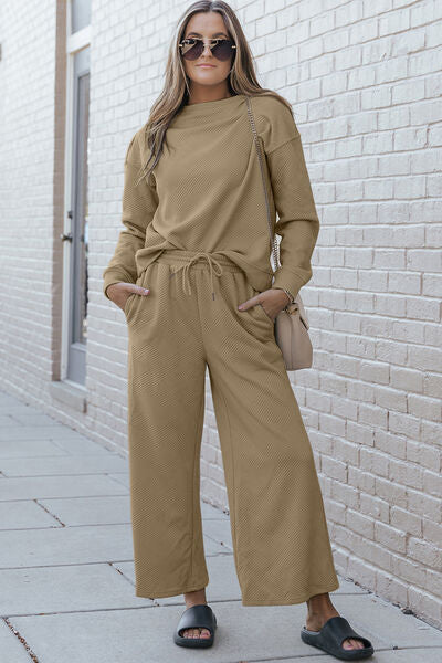 Double Take Full Size Textured Long Sleeve Top and Drawstring Pants Set - Gold Clover Boutique