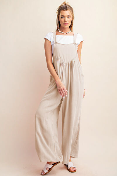 Kori America Sleeveless Ruched Wide Leg Overalls - Gold Clover Boutique