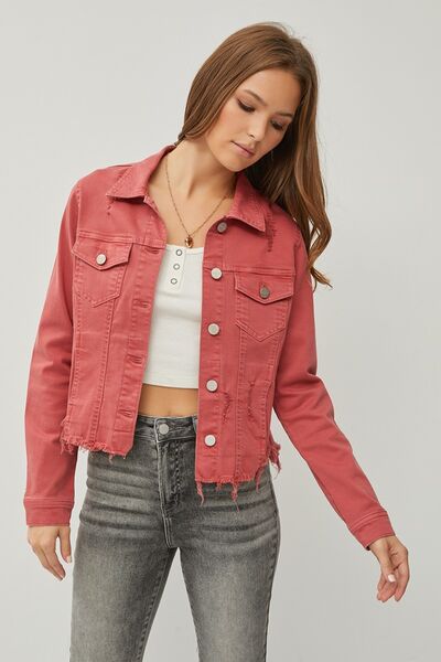 RISEN Raw Hem Button Up Cropped Denim Jacket - Gold Clover Boutique